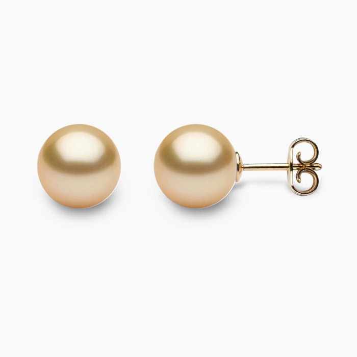 Goldene Südsee Perlen Ohrstecker 10mm mit 18k Gelb Gold