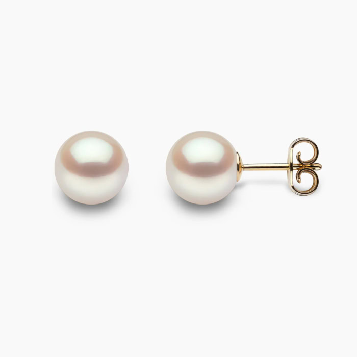 weiβ Akoya Perlen Ohrstecker 7.5mm rund mit 18k Gelb Gold -1