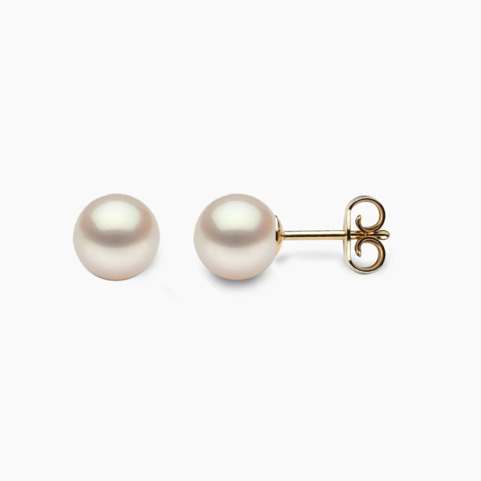 weiβ Akoya Perlen Ohrstecker 7mm rund mit 18k Gelb Gold -1