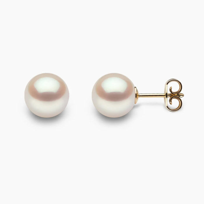 weiβ Akoya Perlen Ohrstecker 8mm rund mit 18k Gelb Gold -1