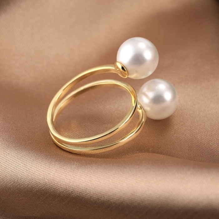 8.0-8.5mm AAA runde weiße Akoya Perlenring Gold – Bild 3