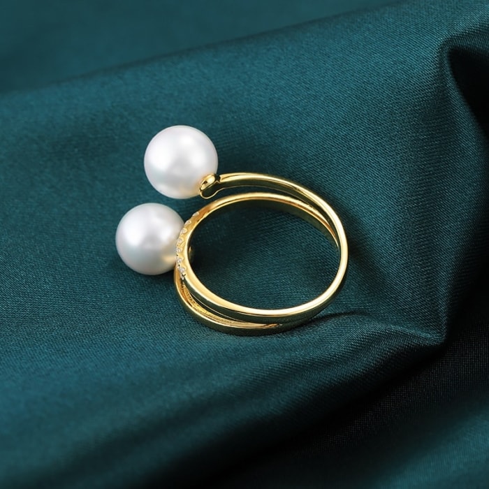 7.0-7.5mm AAA weiße Akoya Perlenring Gold 750 mit Diamanten – Bild 7