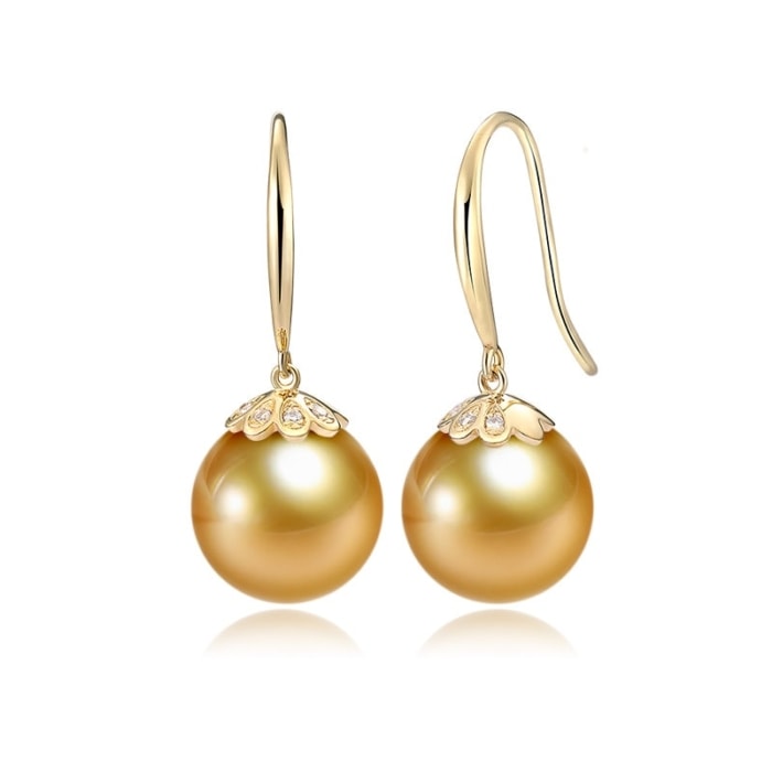 8.0-11.0mm AAAA runde goldene Südsee Perlenohrringe mit Diamant