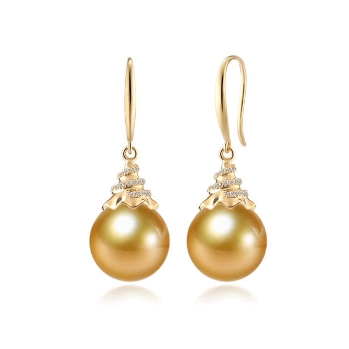 9.0-11.0mm AAAA runde Südsee gold Perlenohrhänger mit Diamant