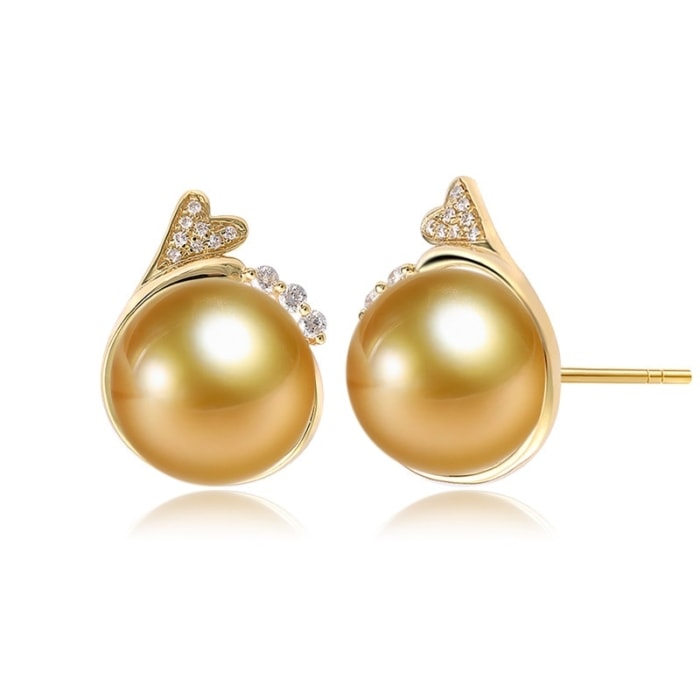 11.0mm AAAA runde goldene Südsee Perlenohrringe mit Diamant