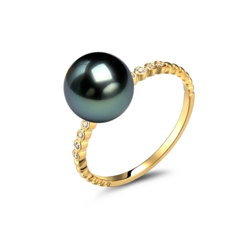 9.0-10.0mm AAA runde schwarze Tahiti Diamant Perlen Ring