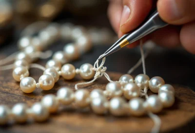 Traditionelles Knüpfen einer Perlenkette mit weißer Perlseide und präzisen Sicherheitsknoten zwischen den Perlen