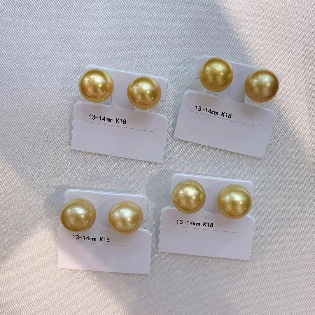14.0mm AAA runde große Südsee gold Perlen Ohrringe Stecker – Bild 3