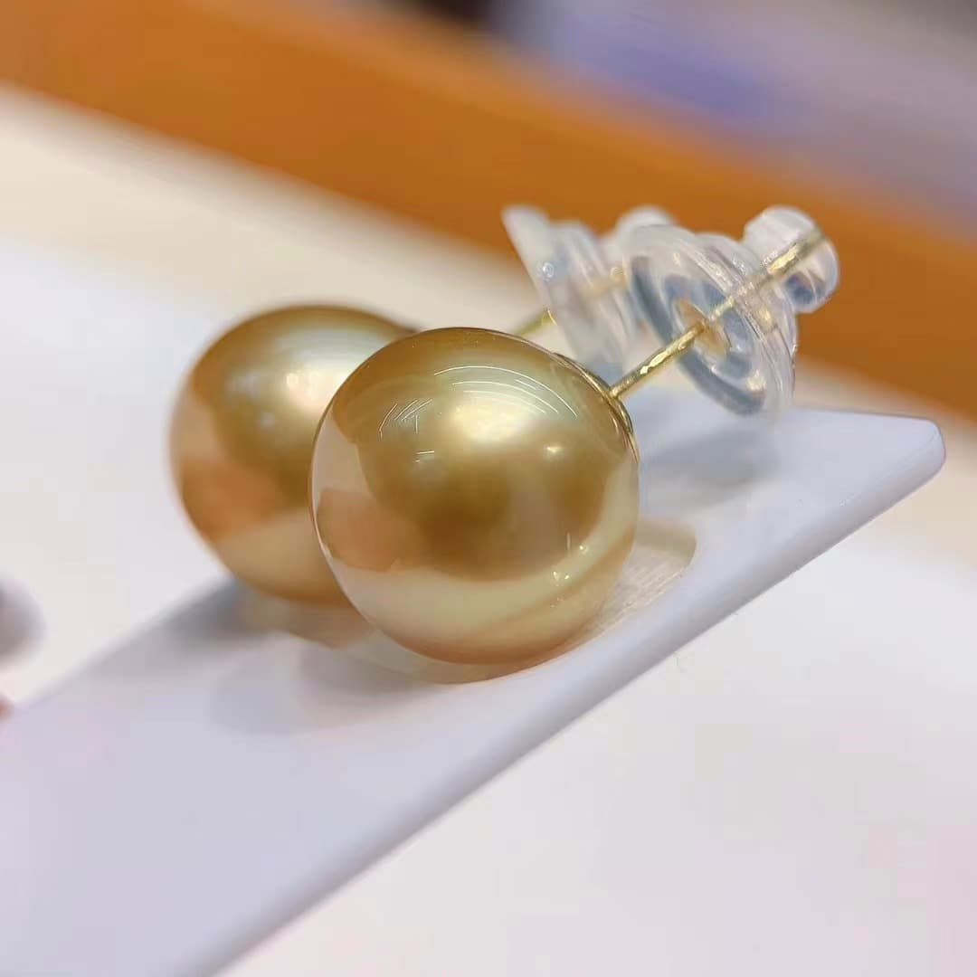 14.0mm AAA runde große Südsee gold Perlen Ohrringe Stecker – Bild 5