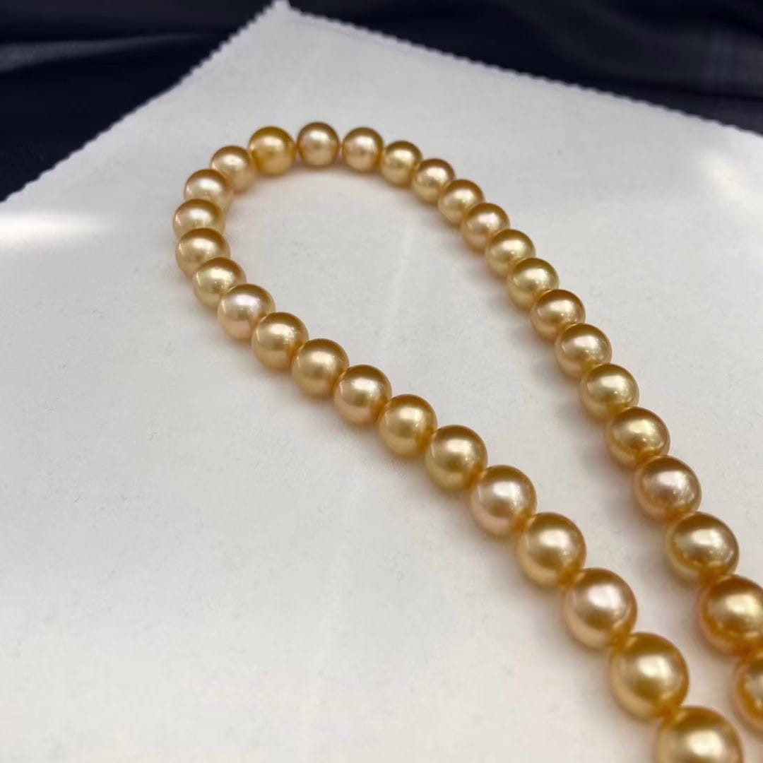 9.0-12.0mm AAAA runde goldene Südsee Perlen Halskette – Bild 5