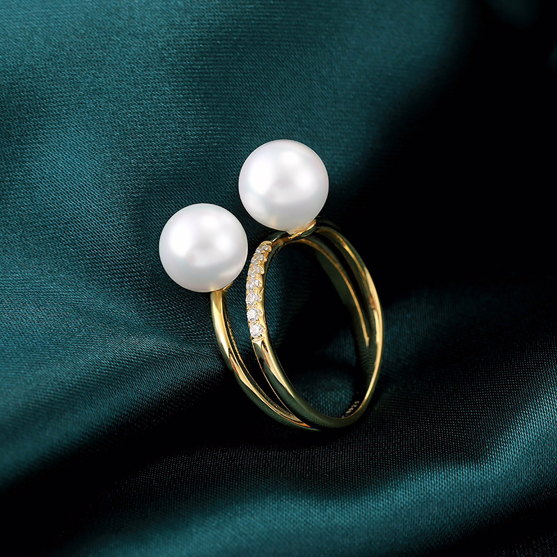 7.0-7.5mm AAA weiße Akoya Perlenring Gold 750 mit Diamanten – Bild 6