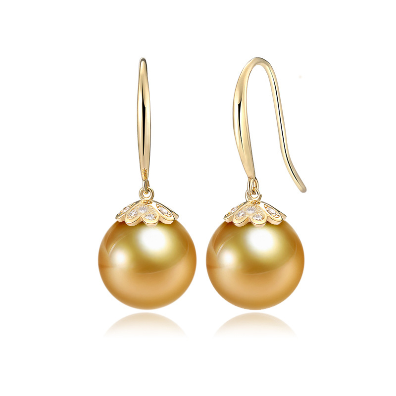 AAAA runde goldene Südsee Perlenohrringe mit Diamant