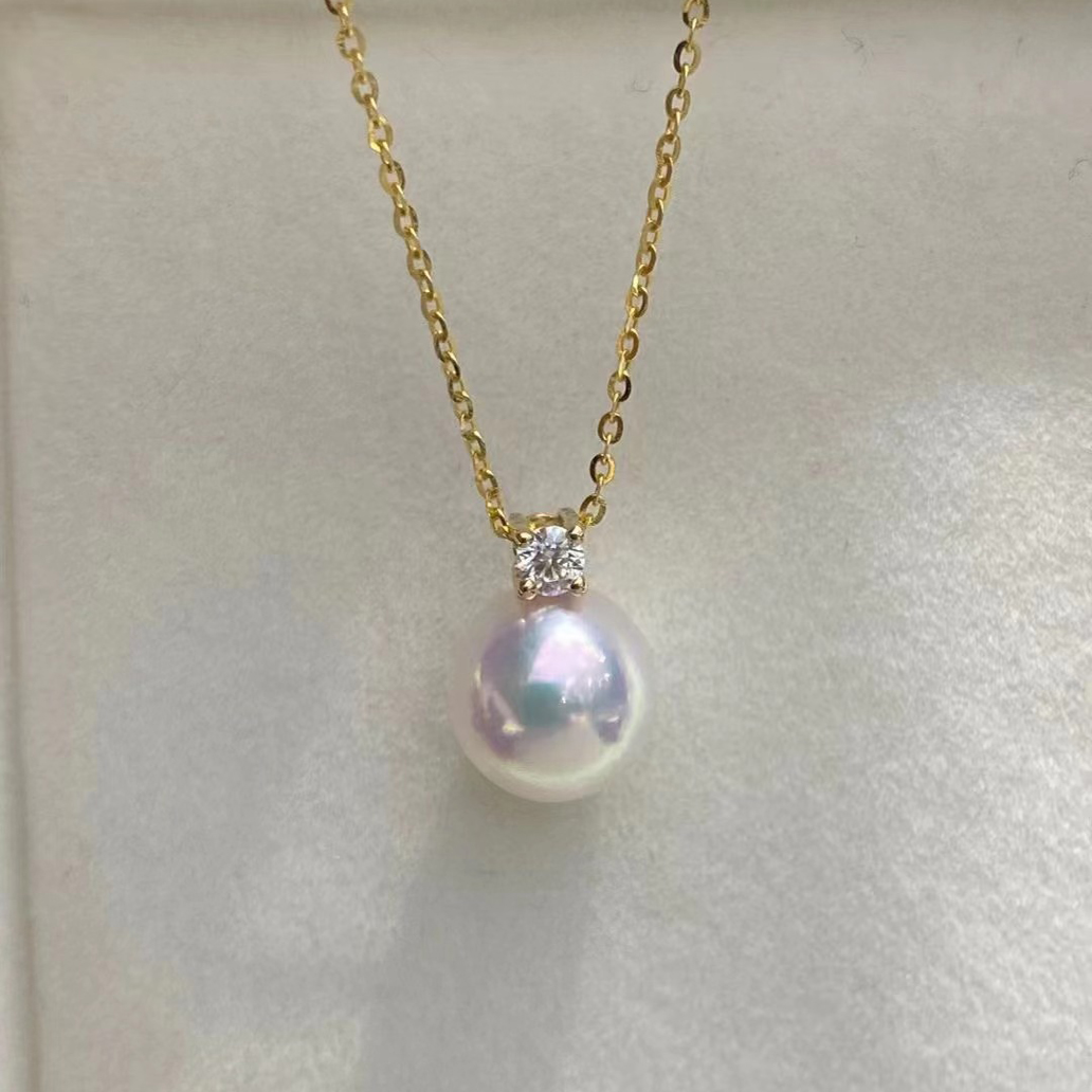 8.0-9.0mm AAA Akoya Weiße Perlenanhänger mit Diamanten