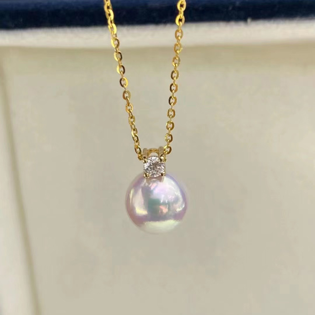 8.0-9.0mm AAA Akoya Weiße Perlenanhänger mit Diamanten