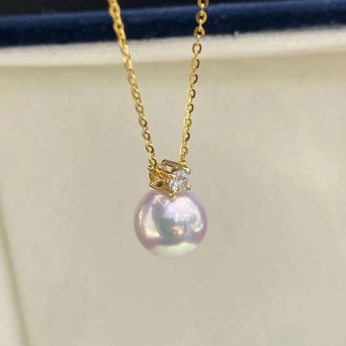 8.0-9.0mm AAA Akoya Weiße Perlenanhänger mit Diamanten