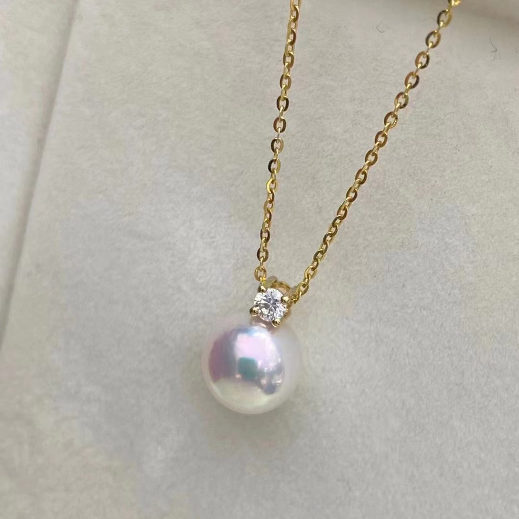 8.0-9.0mm AAA Akoya Weiße Perlenanhänger mit Diamanten