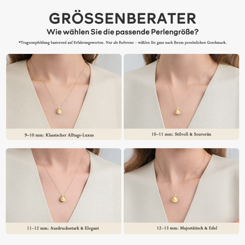 Größenübersicht für Südsee-Goldperlenanhänger – Fotos mit einem echten Model