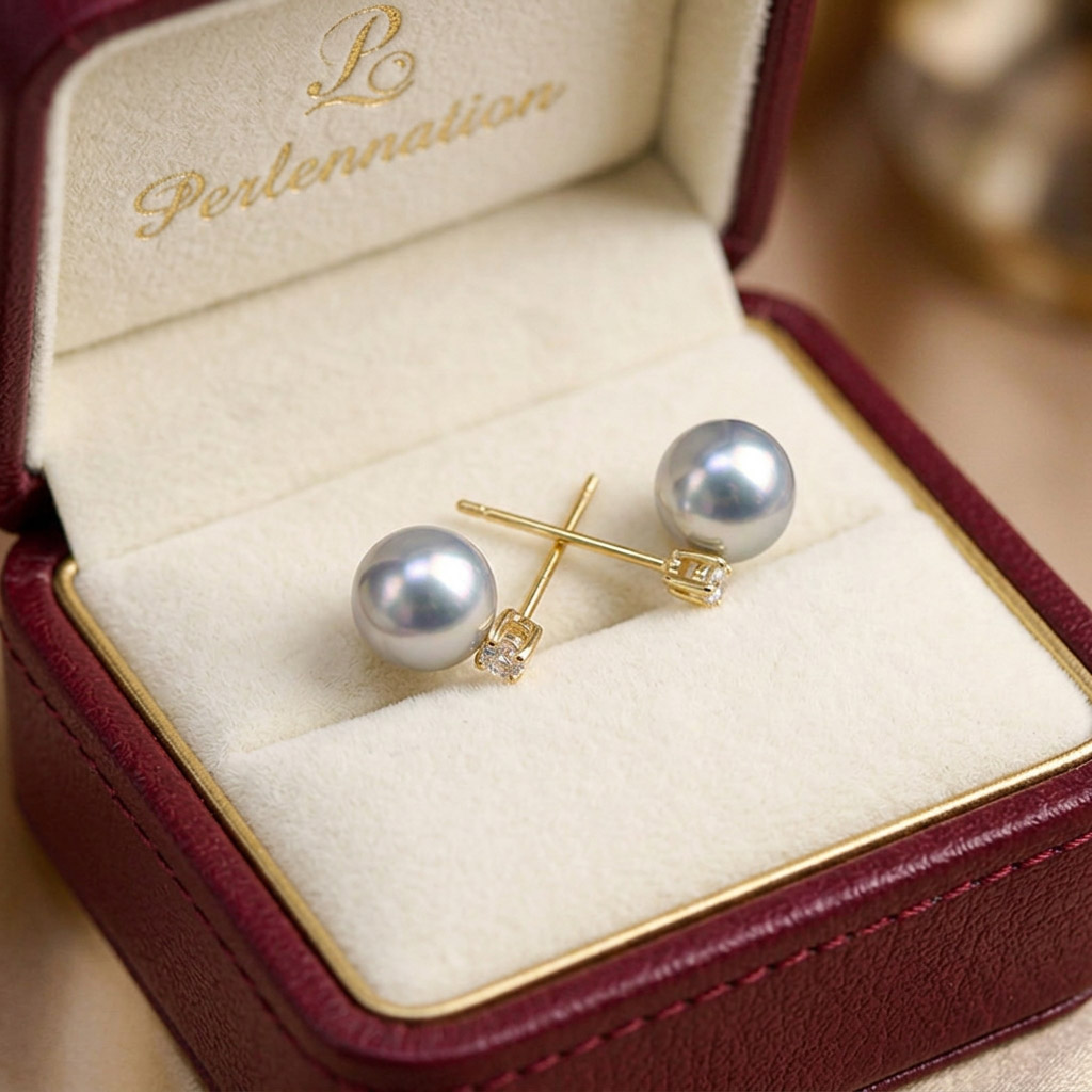 Akoya Perlenohrstecker mit Diamanten aus 18k weissgold silberblau -2 Akoya Perlenohrstecker mit Diamanten aus 18k weissgold silberblau -2