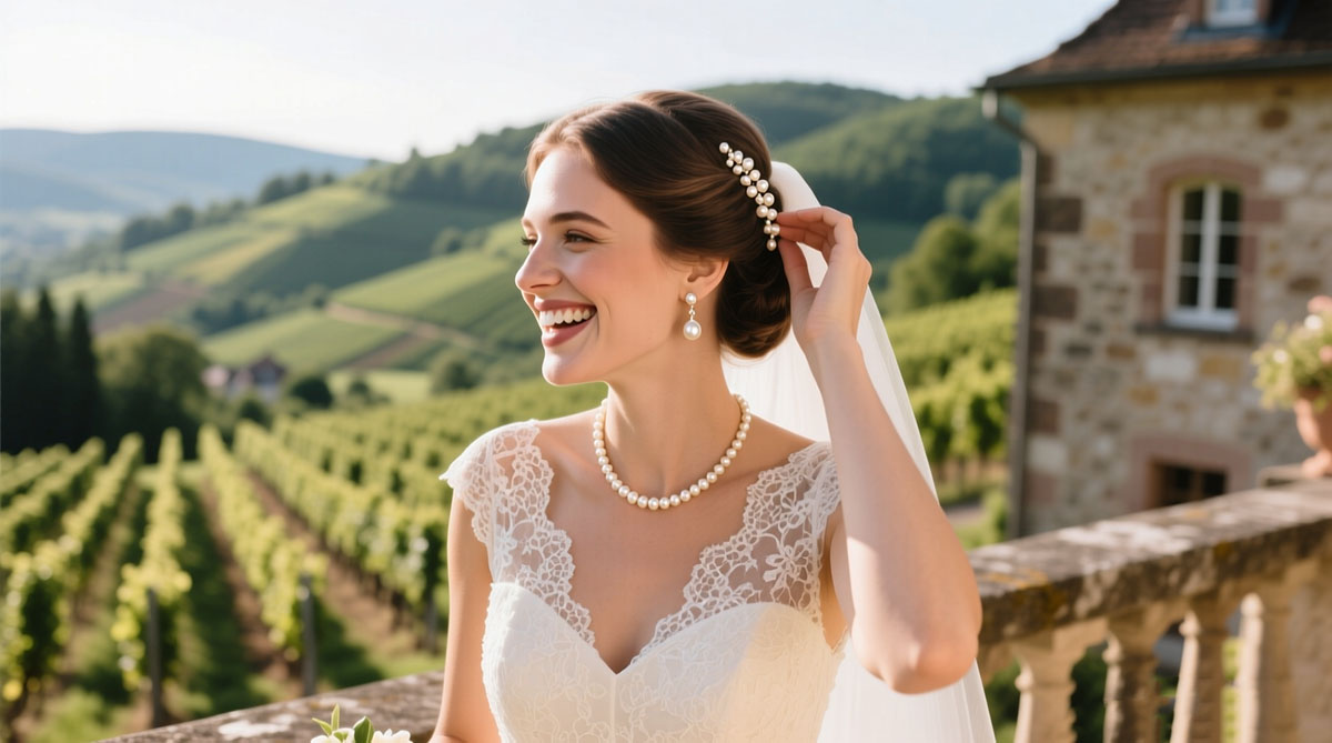 Warum kein Perlenschmuck zur Hochzeit Glückliche Braut mit edlem Perlenschmuck zur Hochzeit trotz altem Aberglauben