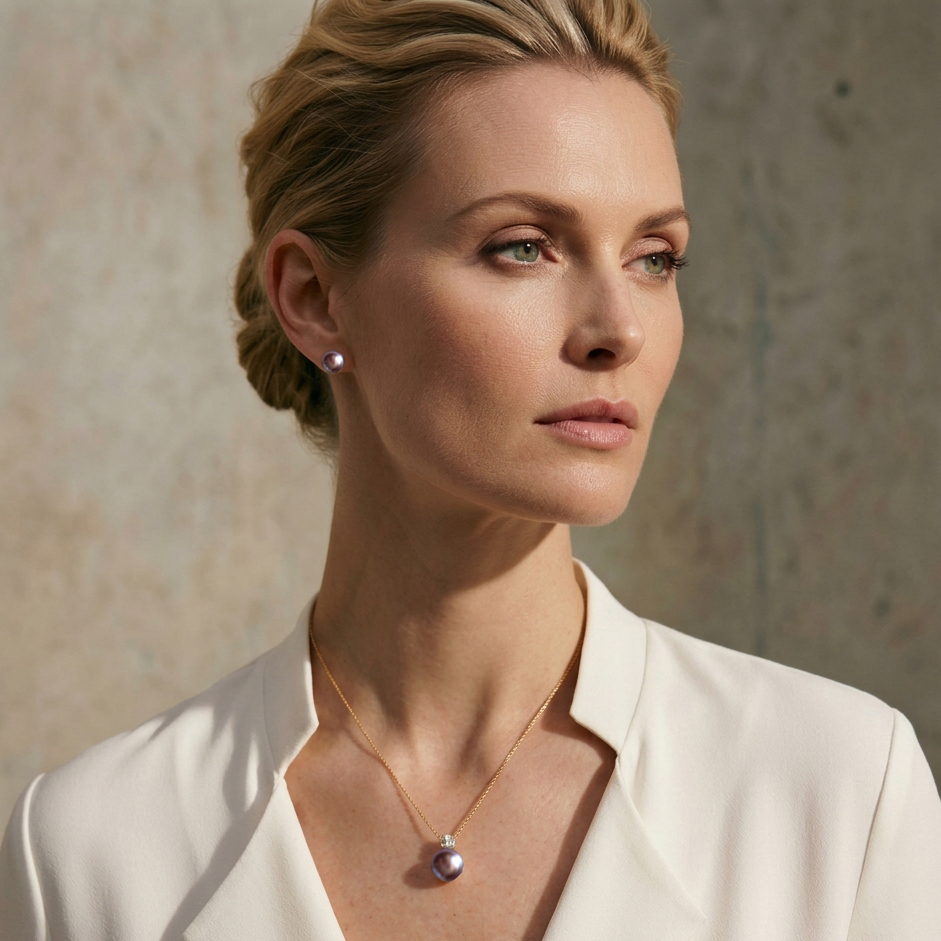 7,0-9,0mm Lavendel Süßwasserperlen Ohrstecker AAAA Rund (18K Gold) – Bild 3